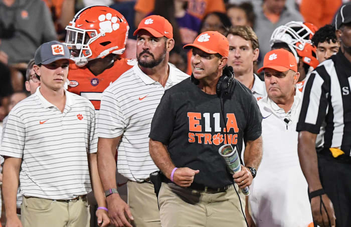 Sep 17, 2022; Clemson, South Carolina, USA; Clemson Tigers head coach Dabo Swinney reacts after a pass against the Louisiana Tech Bulldogs was broken up with no pass interference call during the third quarter at Memorial Stadium.