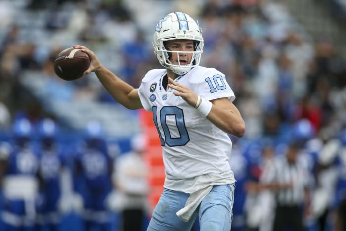 Sep 10, 2022; Atlanta, Georgia, USA; North Carolina Tar Heels quarterback Drake Maye (10) drops back to pass against the Georgia State Panthers in the first half at Center Parc Stadium.