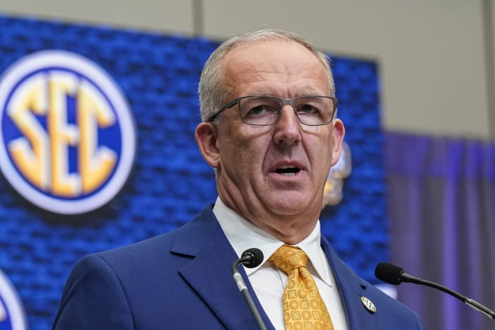 Jul 18, 2022; Atlanta, GA, USA; SEC commissioner Greg Sankey delivers comments to open SEC Media Days at the College Football Hall of Fame.