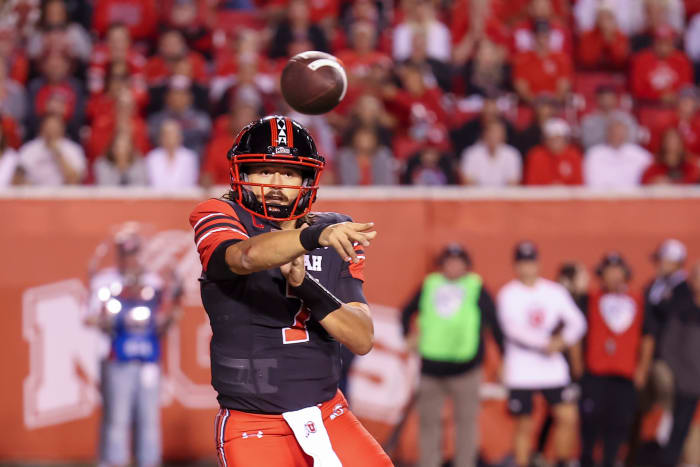 Sep 17, 2022; Salt Lake City, Utah, USA; Utah Utes quarterback Cameron Rising (7) throws the ball in the first quarter against the San Diego State Aztecs at Rice-Eccles Stadium.