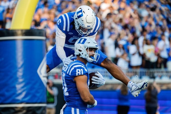 Sep 17, 2022; Durham, North Carolina, USA; Duke Blue Devils tight end Nicky Dalmolin (81) and wide receiver Eli Pancol (6) celebrate after a touchdown against the North Carolina A&T Aggies during first half at Wallace Wade Stadium.