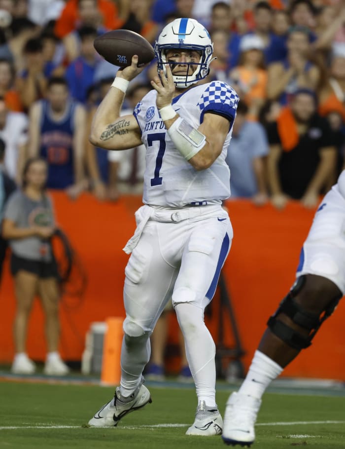 Sep 10, 2022; Gainesville, Florida, USA; Kentucky Wildcats quarterback Will Levis (7) throws the ball against the Florida Gators during the first half at Ben Hill Griffin Stadium.