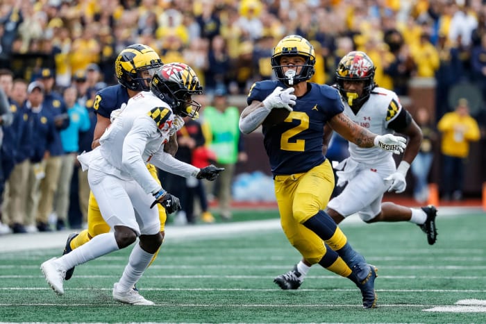 Michigan running back Blake Corum (2) runs against Maryland during the first half at the Michigan Stadium in Ann Arbor on Saturday, Sept. 24, 2022.