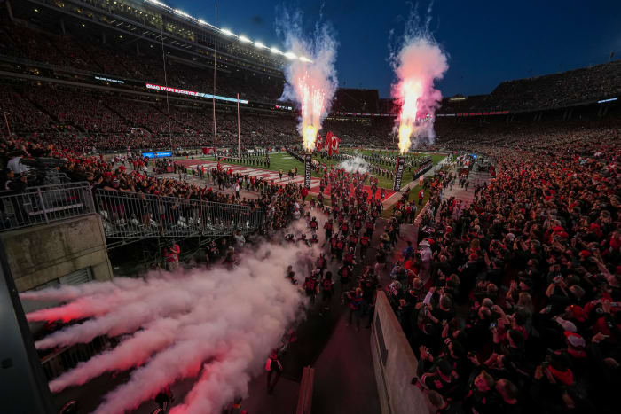 Sep 24, 2022; Columbus, Ohio, USA; The Ohio State Buckeyes take the field prior to the NCAA Division I football game against the Wisconsin Badgers at Ohio Stadium.