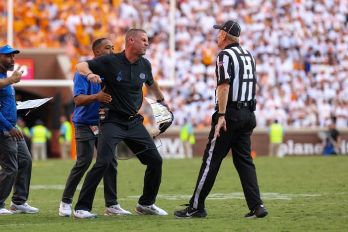 Sep 24, 2022; Knoxville, Tennessee, USA; Florida Gators head coach Billy Napier argues with an official during the second half against the Tennessee Volunteers at Neyland Stadium.