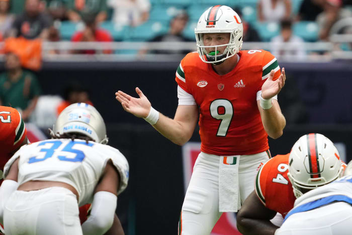 Sep 24, 2022; Miami Gardens, Florida, USA; Miami Hurricanes quarterback Tyler Van Dyke (9) signals behind his offense during the first half against the Middle Tennessee Blue Raiders at Hard Rock Stadium.
