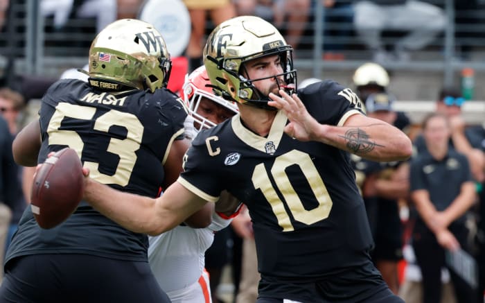 Sep 24, 2022; Winston-Salem, North Carolina, USA; Wake Forest Demon Deacons quarterback Sam Hartman (10) throws a pass during the second half against the Clemson Tigers at Truist Field.