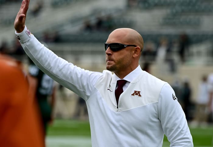 Sep 24, 2022; East Lansing, Michigan, USA; Minnesota Golden Gophers head coach PJ Fleck waves to fans at Spartan Stadium before playing MSU.