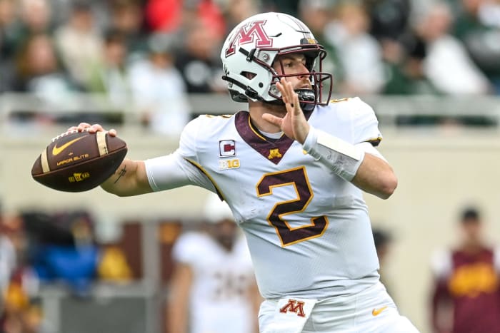 Minnesota's Tanner Morgan throws a pass against Michigan State during the first quarter on Saturday, Sept. 24, 2022, at Spartan Stadium in East Lansing.