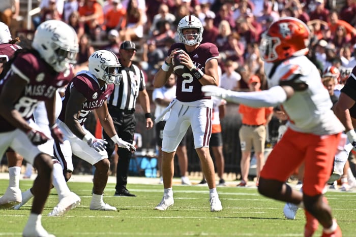 Sep 24, 2022; Starkville, Mississippi, USA; Mississippi State Bulldogs quarterback Will Rogers (2) looks to pass against the Bowling Green Falcons during the first quarter at Davis Wade Stadium at Scott Field.