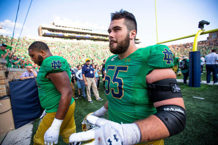 Notre Dame offensive lineman Jarrett Patterson (55) walks off the field after the Notre Dame vs. California NCAA football game Saturday, Sept. 17, 2022 at Notre Dame Stadium in South Bend.