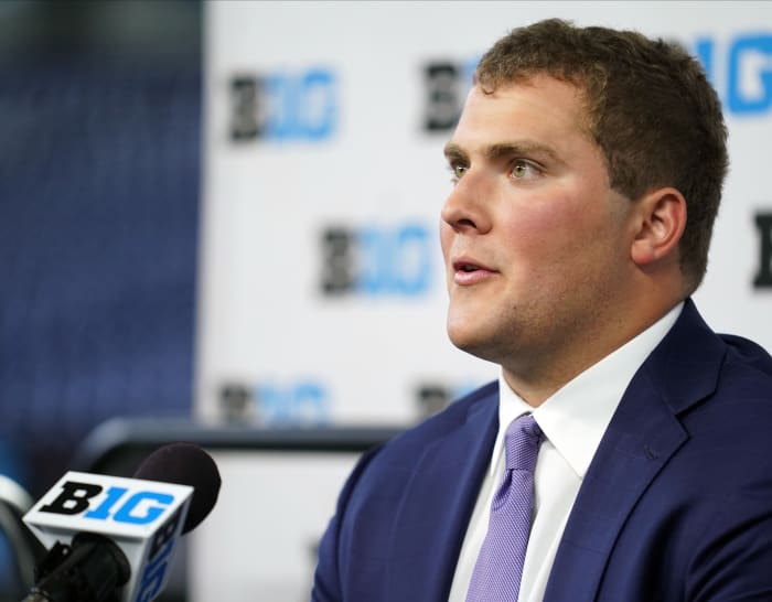 Jul 26, 2022; Indianapolis, IN, USA; Northwestern Wildcats left tackle Peter Skoronski talks to the media during Big 10 football media days at Lucas Oil Stadium.