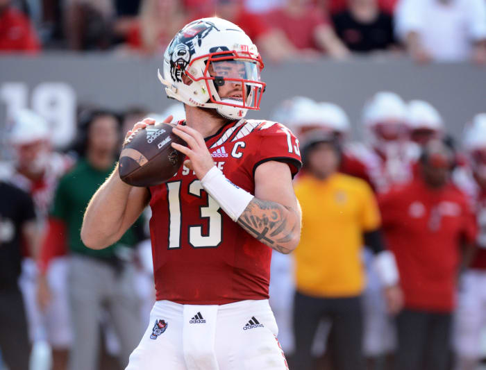 Sep 25, 2021; Raleigh, North Carolina, USA; North Carolina State Wolfpack quarterback Devin Leary (13) looks to pass during the first half at Carter-Finley Stadium.
