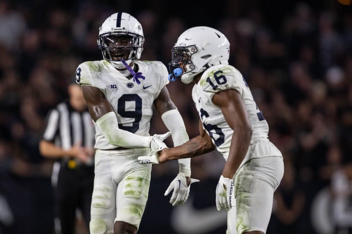 Sep 1, 2022; West Lafayette, Indiana, USA; Penn State Nittany Lions cornerback Joey Porter Jr. (9) and Penn State Nittany Lions safety Ji'Ayir Brown (16) celebrate in the second half against the Purdue Boilermakers at Ross-Ade Stadium.
