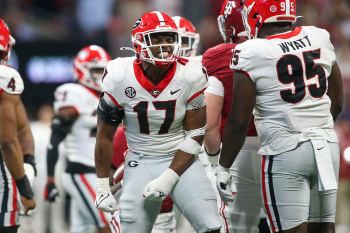 Dec 4, 2021; Atlanta, GA, USA; Georgia Bulldogs linebacker Nakobe Dean (17) celebrates after a tackle against the Alabama Crimson Tide in the first half during the SEC championship game at Mercedes-Benz Stadium.