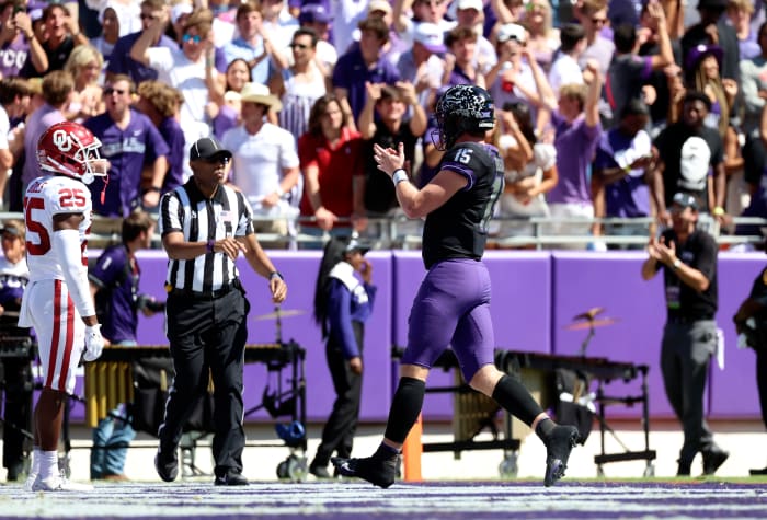 Oct 1, 2022; Fort Worth, Texas, USA; TCU Horned Frogs quarterback Max Duggan (15) reacts after throwing a touchdown pass during the first half against the Oklahoma Sooners at Amon G. Carter Stadium.