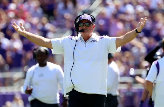 Oct 1, 2022; Fort Worth, Texas, USA; TCU Horned Frogs head coach Sonny Dykes reacts during the first half against the Oklahoma Sooners at Amon G. Carter Stadium.