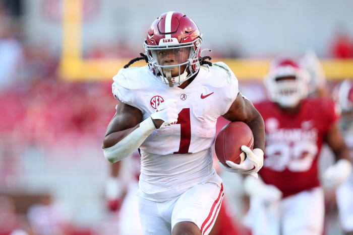 Oct 1, 2022; Fayetteville, Arkansas, USA; Alabama Crimson Tide running back Jahmyr Gibbs (1) rushes for a touchdown in the fourth quarter against the Arkansas Razorbacks at Donald W. Reynolds Razorback Stadium. Alabama won 49-26.
