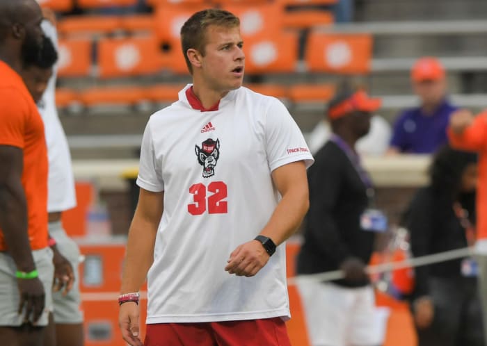 NC State kicker Christopher Dunn (32) warms up before the game with NC State at Memorial Stadium in Clemson, South Carolina Saturday, October 1, 2022.