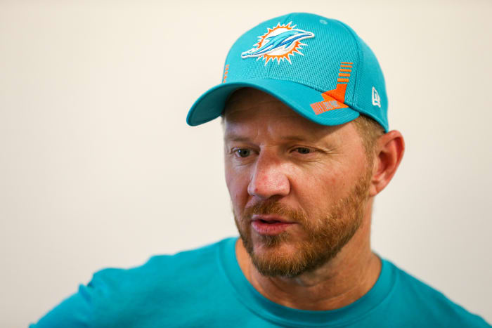 May 13, 2022; Miami Gardens, FL, USA; Miami Dolphins quarterbacks coach Darrell Bevell talks to reporters during rookie minicamp at Baptist Health Training Complex.