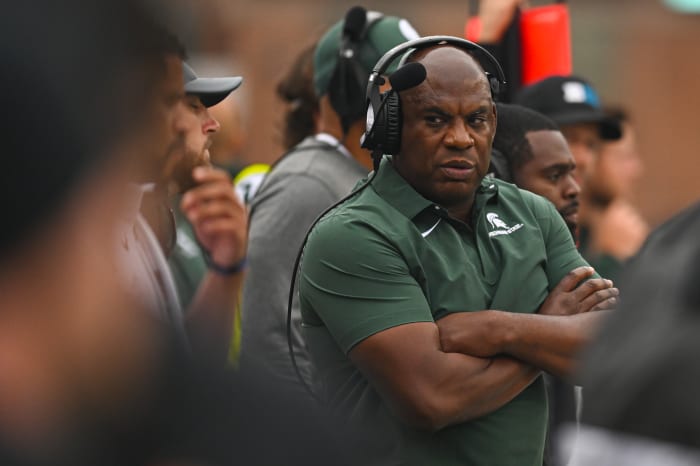 Oct 1, 2022; College Park, Maryland, USA; Michigan State Spartans head coach Mel Tucker looks down the field during the first half against the Maryland Terrapins at Capital One Field at Maryland Stadium.