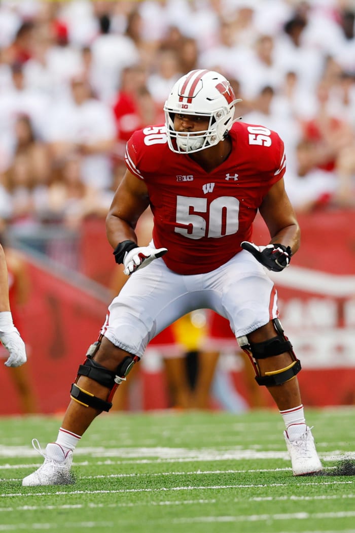 Sep 10, 2022; Madison, Wisconsin, USA; Wisconsin Badgers offensive linenam Logan Brown (50) during the game against the Washington State Cougars at Camp Randall Stadium.