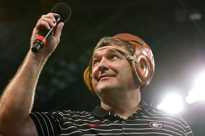 Georgia head coach Kirby Smart celebrates after the Chick-fil-A Kickoff NCAA college football game between Oregon and Georgia in Atlanta, on Saturday, Sept. 3, 2022. Georgia won 49-3.