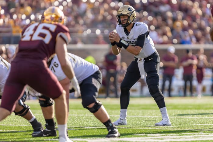Sep 17, 2022; Minneapolis, Minnesota, USA; Colorado Buffaloes quarterback J.T. Shrout (5) calls for the snap in the fourth quarter against the Minnesota Golden Gophers at Huntington Bank Stadium.