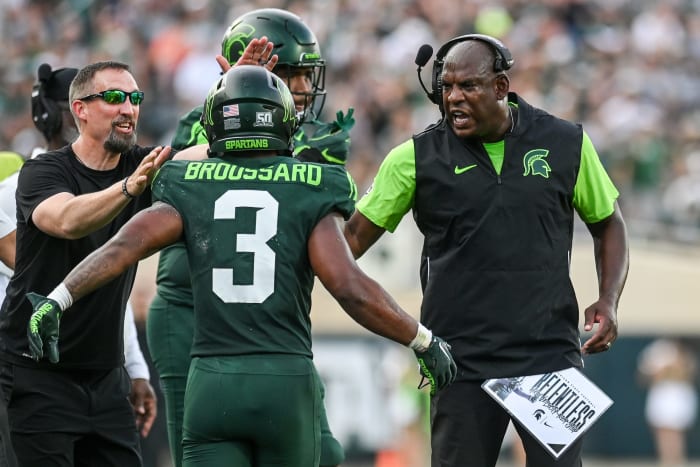 Michigan State's head coach Mel Tucker, right, celebrates with Jarek Broussard after his touchdown against Akron during the third quarter on Saturday, Sept. 10, 2022, at Spartan Stadium in East Lansing.