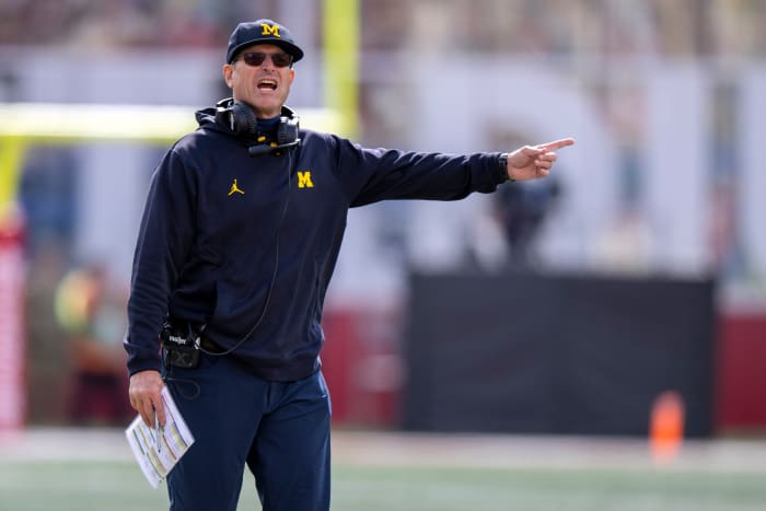 Oct 8, 2022; Bloomington, Indiana, USA; Michigan Wolverines head coach Jim Harbaugh yells during the second half against the Indiana Hoosiers at Memorial Stadium. Wolverines won 31 to 10.