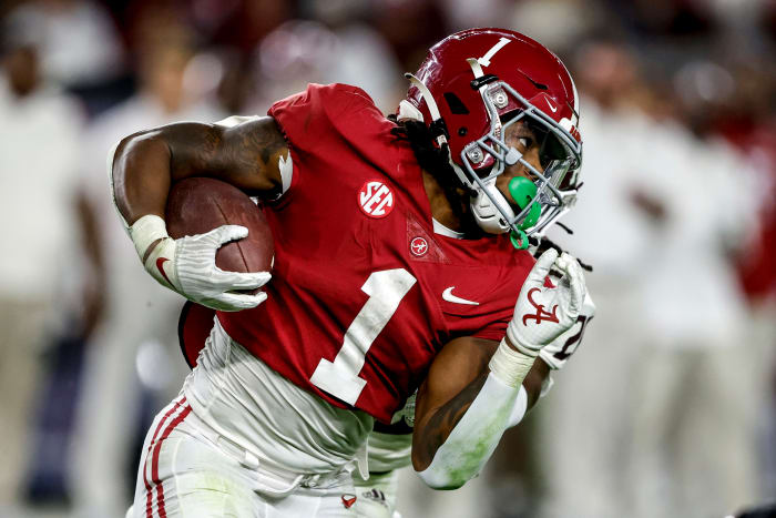 Oct 8, 2022; Tuscaloosa, Alabama, USA; Alabama Crimson Tide running back Jahmyr Gibbs (1) carries the ball against the Texas A&M Aggies during the second half at Bryant-Denny Stadium.