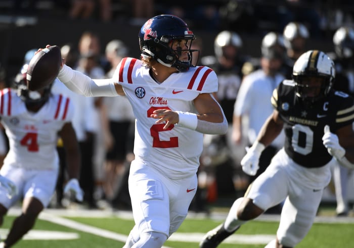 Oct 8, 2022; Nashville, Tennessee, USA; Mississippi Rebels quarterback Jaxson Dart (2) attempts a pass during the first half against the Vanderbilt Commodores at FirstBank Stadium.