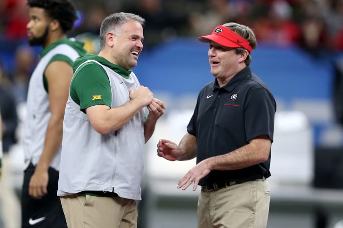 Jan 1, 2020; New Orleans, Louisiana, USA; Baylor Bears head coach Matt Rhule talks to Georgia Bulldogs head coach Kirby Smart before the Sugar Bowl at the Mercedes-Benz Superdome.