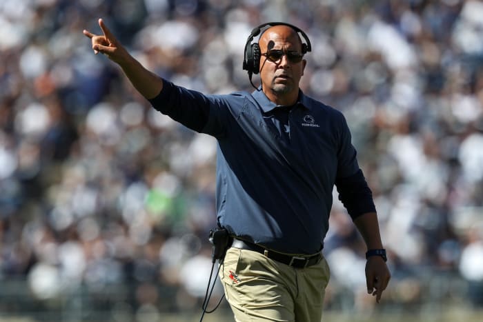 Sep 24, 2022; University Park, Pennsylvania, USA; Penn State Nittany Lions head coach James Franklin gestures from the sidelines during the fourth quarter against the Central Michigan Chippewas at Beaver Stadium. Penn State defeated Central Michigan 33-14.