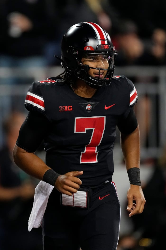 Sep 24, 2022; Columbus, Ohio, USA; Ohio State Buckeyes quarterback C.J. Stroud (7) celebrates a touchdown during the first half of the NCAA Division I football game against the Wisconsin Badgers at Ohio Stadium.