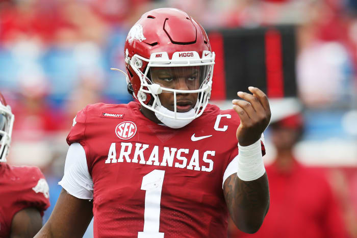 Oct 23, 2021; Little Rock, Arkansas, USA; Arkansas Razorbacks quarterback KJ Jefferson (1) motions to a teammate at the line during the first quarter against the Arkansas Pine Bluff Golden Lions at War Memorial Stadium.