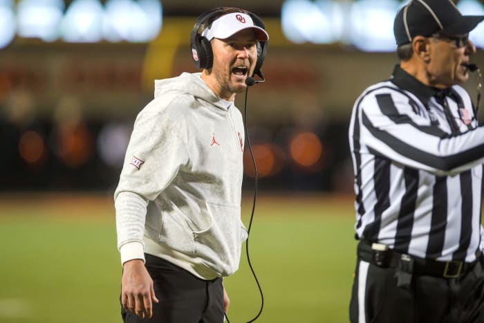 Nov 27, 2021; Stillwater, Oklahoma, USA; Oklahoma Sooners head coach Lincoln Riley yells towards an official during the fourth quarter against the Oklahoma State Cowboys at Boone Pickens Stadium. Oklahoma State won 37-33.
