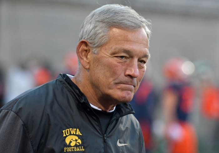 Oct 8, 2022; Champaign, Illinois, USA; Iowa Hawkeyes head coach Kirk Ferentz on the sidelines against the Illinois Fighting Illini at Memorial Stadium.