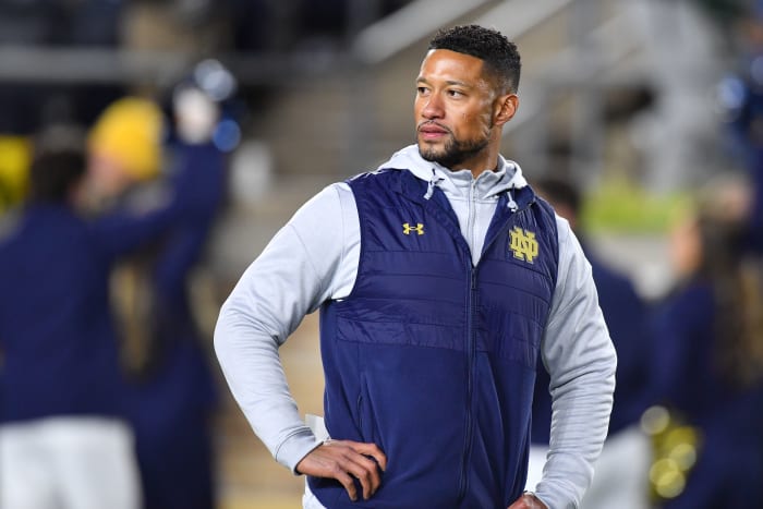 Oct 15, 2022; South Bend, Indiana, USA; Notre Dame Fighting Irish head coach Marcus Freeman pauses after the game against the Stanford Cardinal at Notre Dame Stadium.