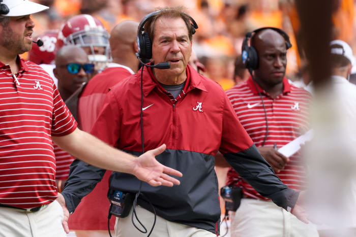 Oct 15, 2022; Knoxville, Tennessee, USA; Alabama Crimson Tide head coach Nick Saban reacts during the first half against the Tennessee Volunteers at Neyland Stadium.