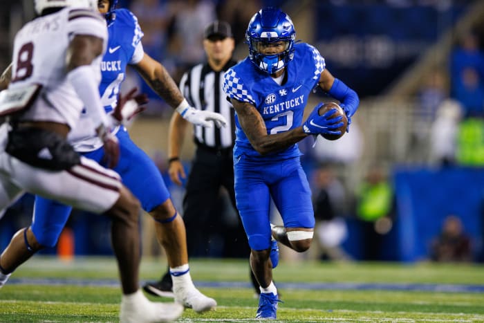 Oct 15, 2022; Lexington, Kentucky, USA; Kentucky Wildcats wide receiver Barion Brown (2) runs during the third quarter against the Mississippi State Bulldogs at Kroger Field.