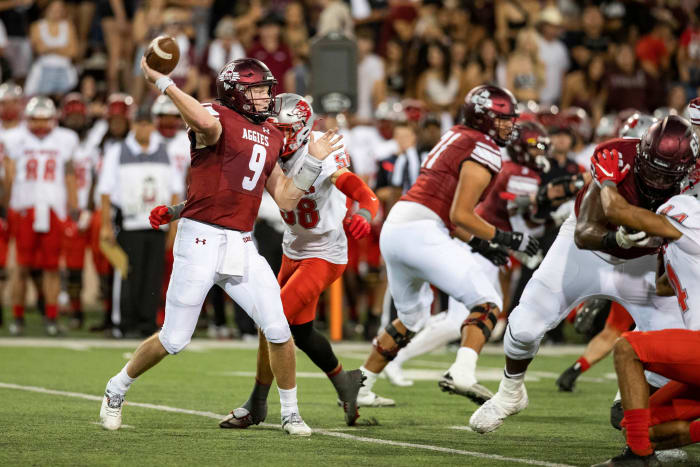 NMSU quarterback Gavin Frakes throws a pass during the NMSU v. UNM football game on Saturday, Oct. 15, 2022, at Aggies Memorial Stadium.