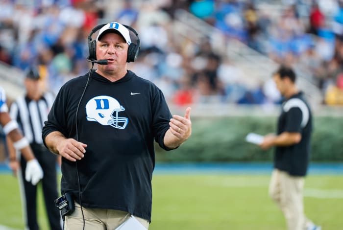Sep 17, 2022; Durham, North Carolina, USA; Duke Blue Devils head coach Mike Elko reacts during first half against the North Carolina A&T Aggies at Wallace Wade Stadium.