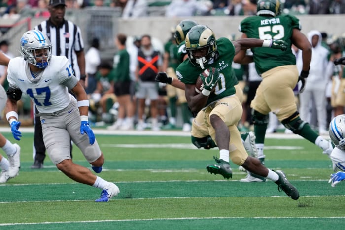 Sep 10, 2022; Fort Collins, Colorado, USA; Colorado State Rams wide receiver Melquan Stovall (0) on the run at Sonny Lubick Field at Canvas Stadium.