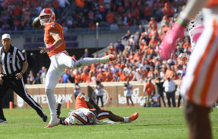 Oct 22, 2022; Clemson, SC, USA; Clemson quarterback Cade Klubnik (2) throws a pass during the fourth quarter at Memorial Stadium in Clemson, South Carolina on Saturday, October 22, 2022.