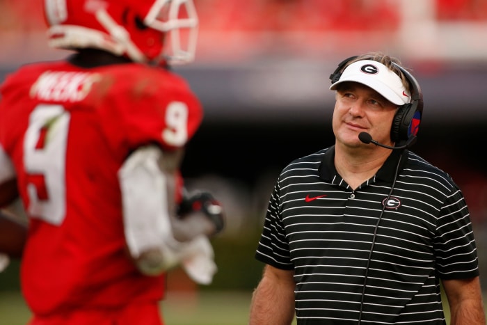 Georgia coach Kirby Smart looks up at the scoreboard during the second half of a NCAA college football game between Vanderbilt and Georgia in Athens, Ga., on Saturday, Oct. 15, 2022.