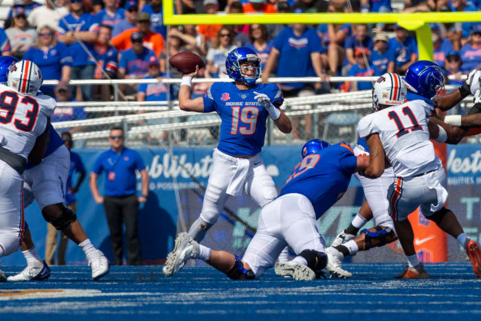 Sep 17, 2022; Boise, Idaho, USA; Boise State Broncos quarterback Hank Bachmeier (19) during the first half of action at Albertsons Stadium versus Tennessee Martin Skyhawks .