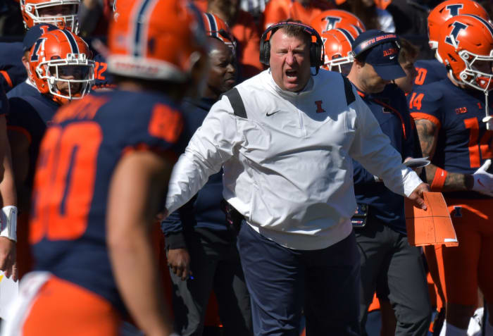 Oct 15, 2022; Champaign, Illinois, USA; Illinois Fighting Illini head coach Bret Bielema on the sidelines during the first half against the Minnesota Golden Gophers at Memorial Stadium.