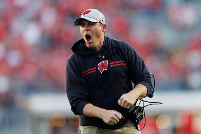 Oct 22, 2022; Madison, Wisconsin, USA; Wisconsin Badgers head coach Jim Leonhard reacts to a call during the fourth quarter against the Purdue Boilermakers at Camp Randall Stadium.