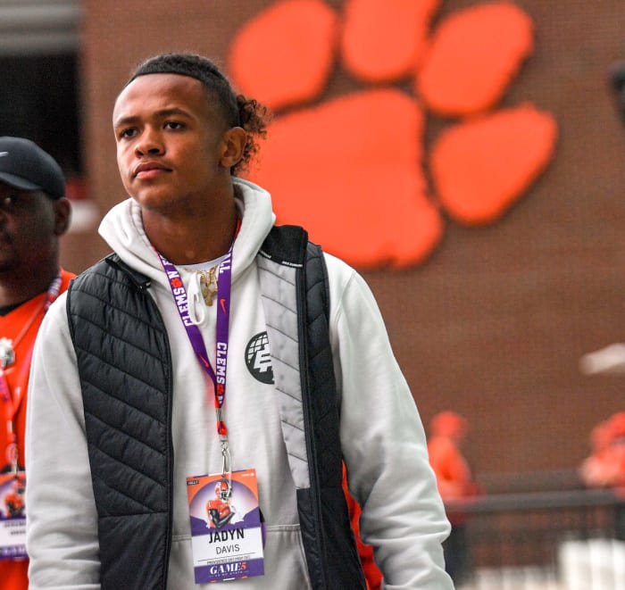 Jadyn Davis of Providence Day High School, a Class of 2024 National second ranked quarterback recruit, visits before the game with NC State at Memorial Stadium in Clemson, South Carolina Saturday, October 1, 2022.